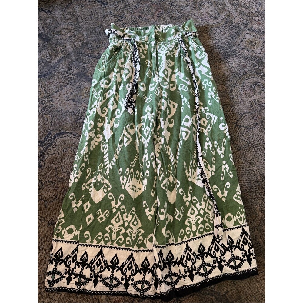 Haute Hippie Green & Cream Boho Wide Leg Pants Elastic Waist S Flowy Resort